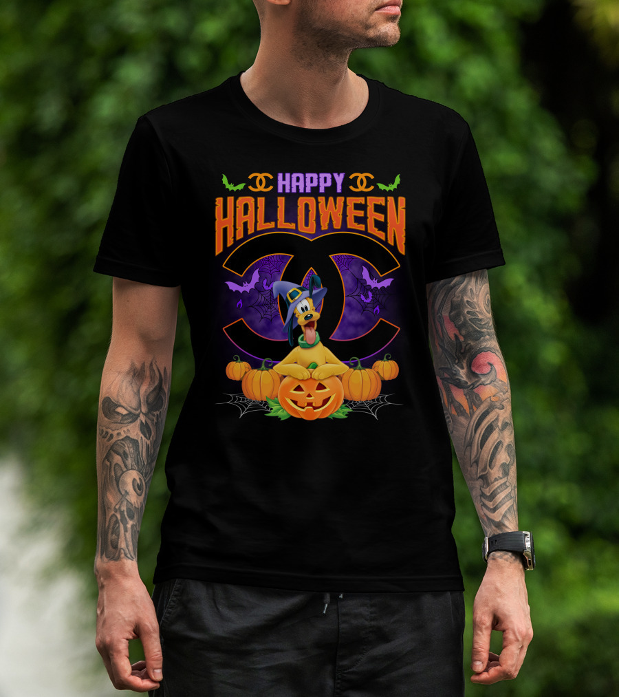 Happy Halloween Pluto Pumpkins Bat Symbols And Spider Webs T-Shirt