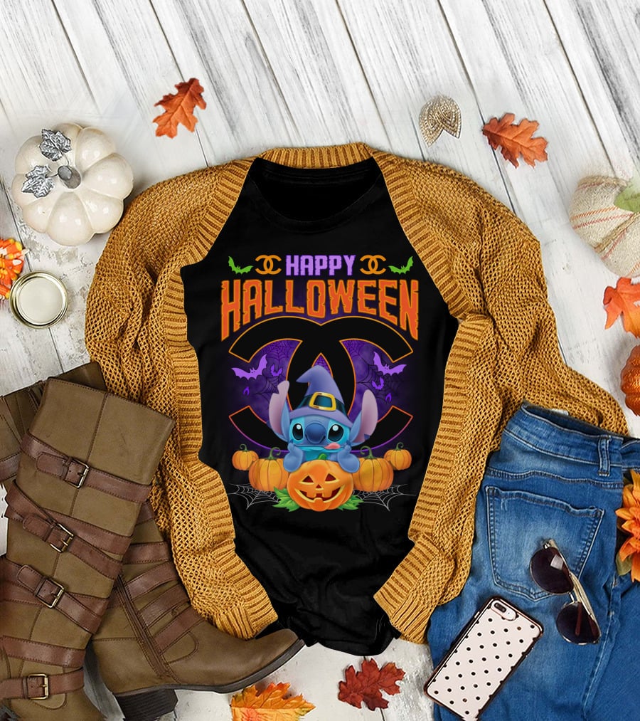 Stitch Happy Halloween Pumpkins And Bats T-Shirt