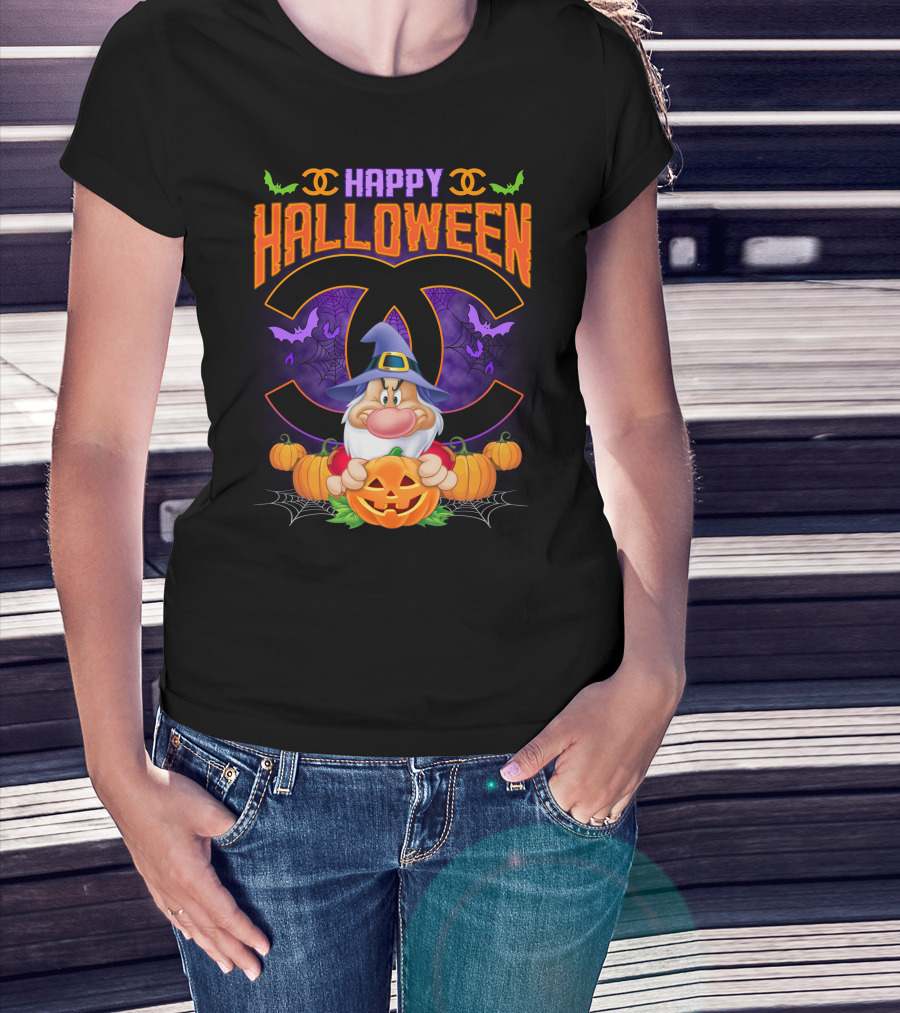 Happy Halloween Grumpy Dwarf With Pumpkins And Bat Accents On Chanel Logo Backdrop T-Shirt