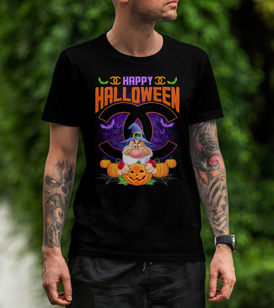 Happy Halloween Grumpy Dwarf With Pumpkins And Bat Accents On Chanel Logo Backdrop T-Shirt