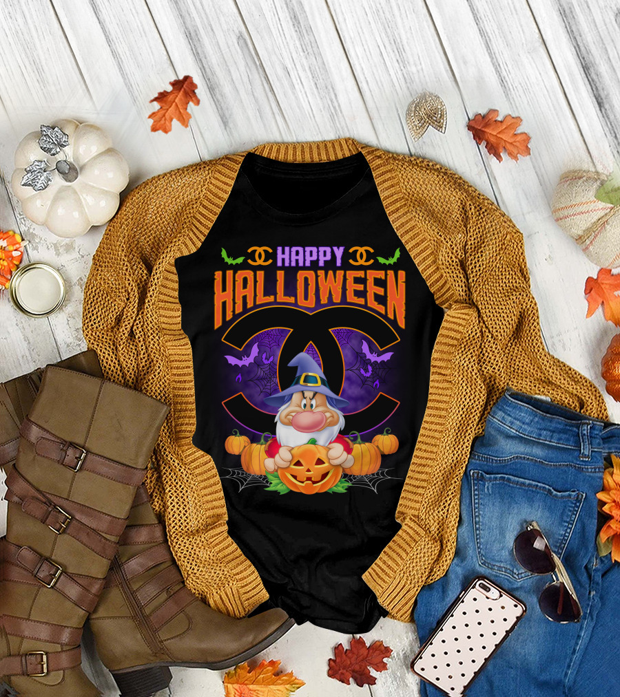 Happy Halloween Grumpy Dwarf With Pumpkins And Bat Accents On Chanel Logo Backdrop T-Shirt