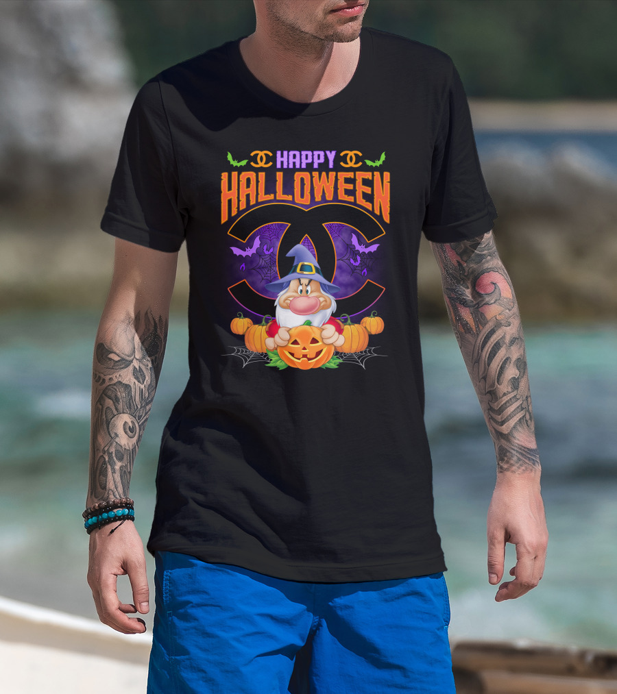 Happy Halloween Grumpy Dwarf With Pumpkins And Bat Accents On Chanel Logo Backdrop T-Shirt