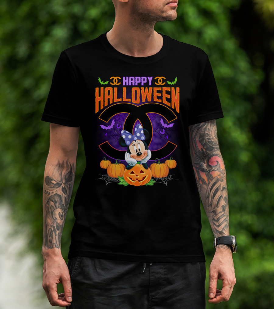 Minnie Happy Halloween Pumpkins Bat Spiderwebs Bow T-Shirt