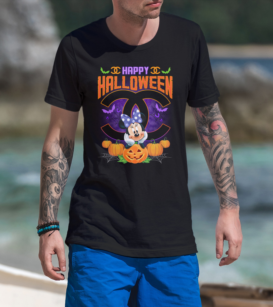 Minnie Happy Halloween Pumpkins Bat Spiderwebs Bow T-Shirt