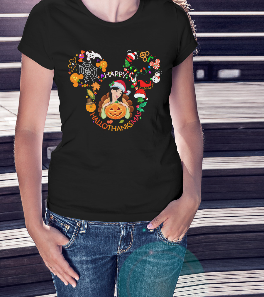 Happy Hallothanksmas Mickey Ears With Mulan And Holiday Icons T-Shirt