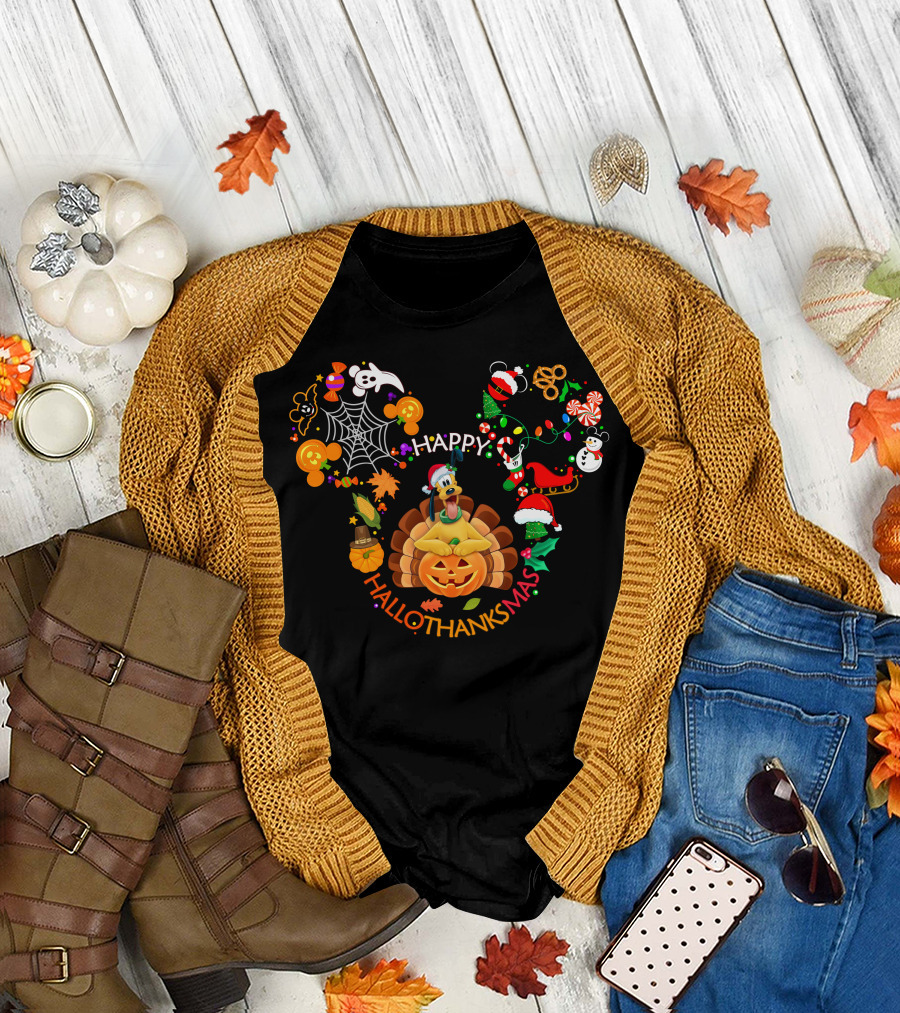 Mickey Mouse Ears Halloween Thanksgiving Christmas Pluto Happy Hallothanksmas T-Shirt