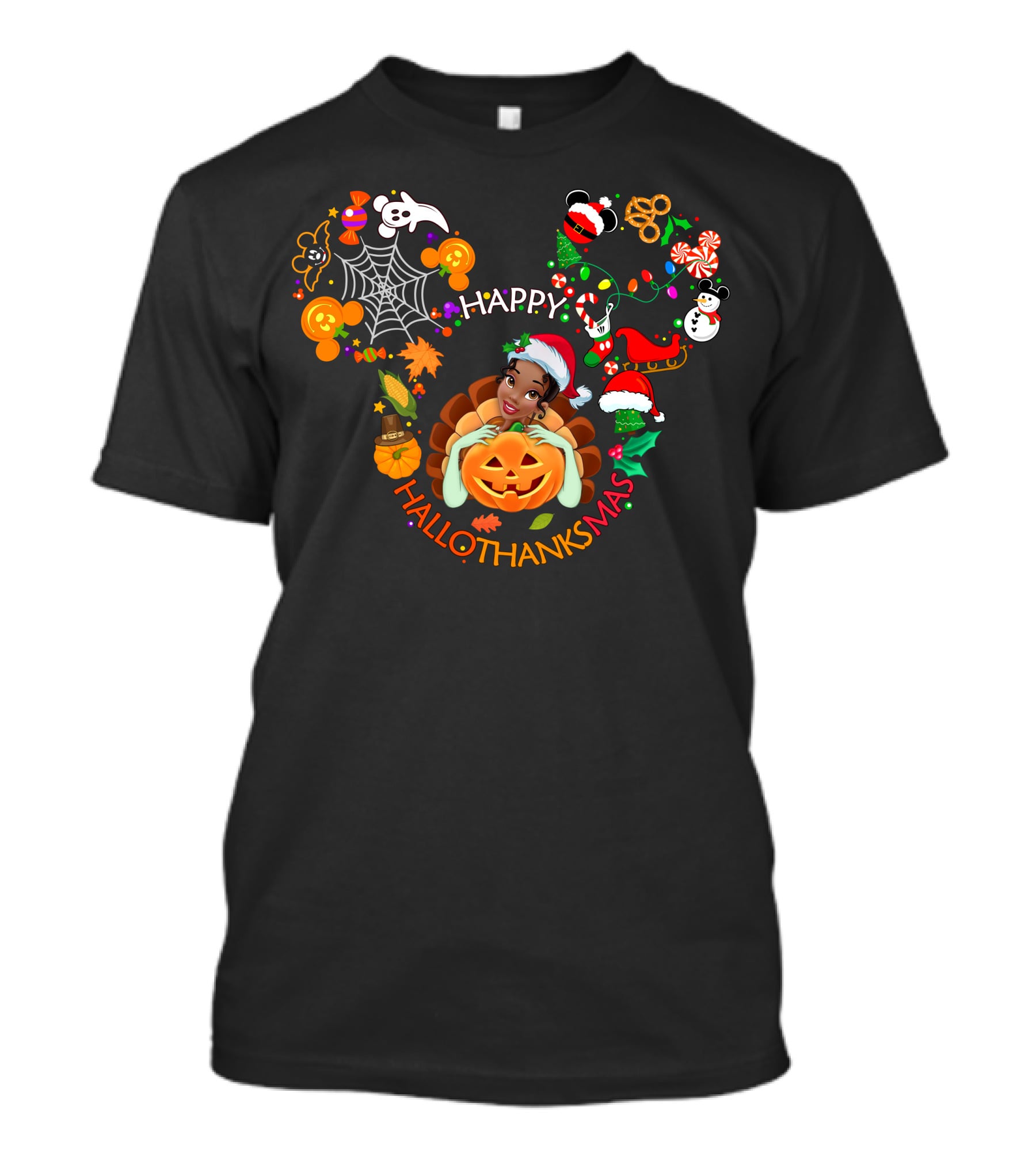 Tiana Happy Hallothanksmas Pumpkin Christmas Halloween Thanksgiving T-Shirt