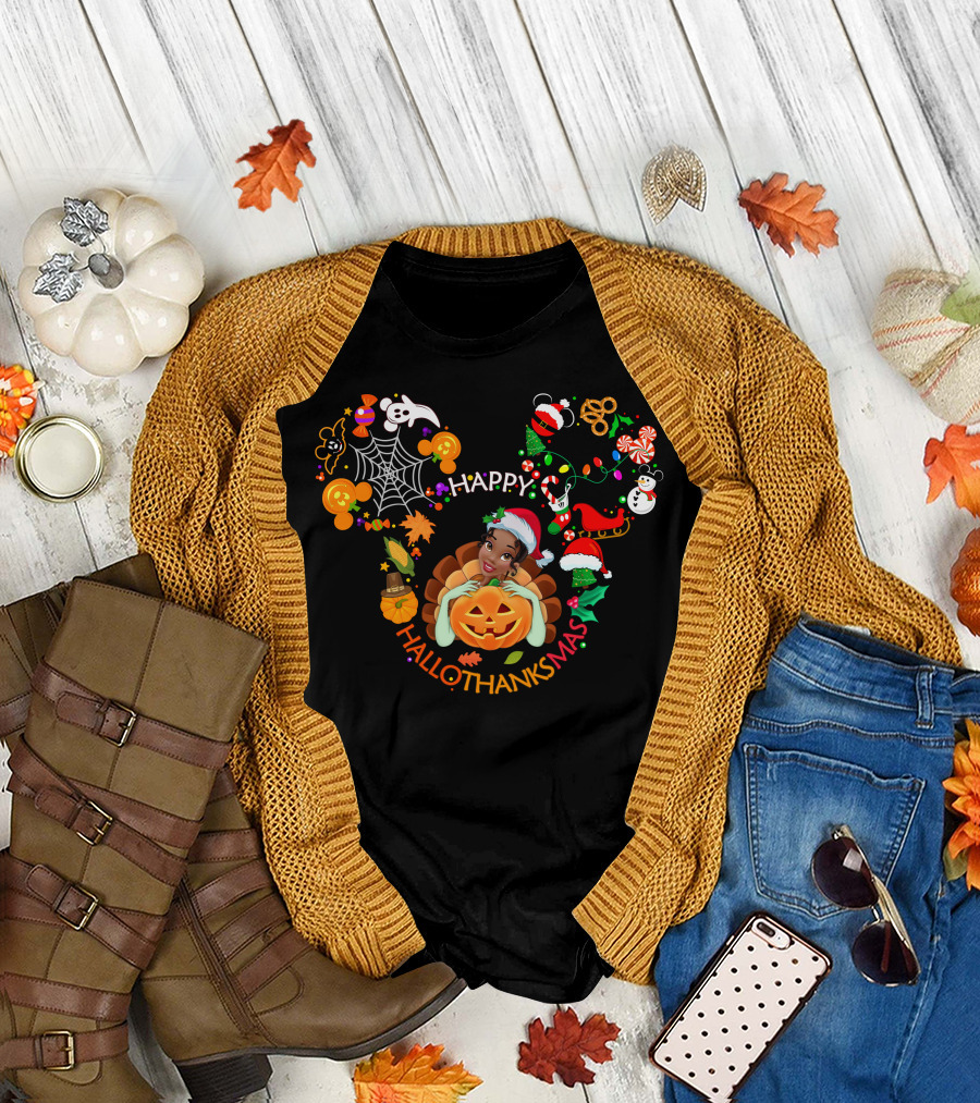 Tiana Happy Hallothanksmas Pumpkin Christmas Halloween Thanksgiving T-Shirt