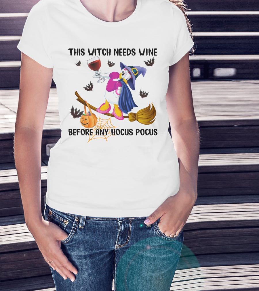 This Witch Needs Wine Before Any Hocus Pocus Daisy Halloween Broomstick Pumpkin Bat Spiderweb T-Shirt
