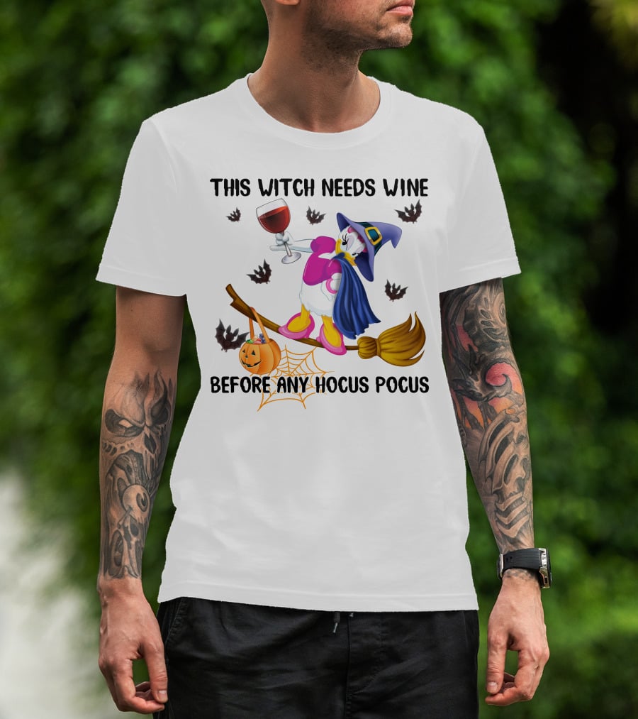 This Witch Needs Wine Before Any Hocus Pocus Daisy Halloween Broomstick Pumpkin Bat Spiderweb T-Shirt