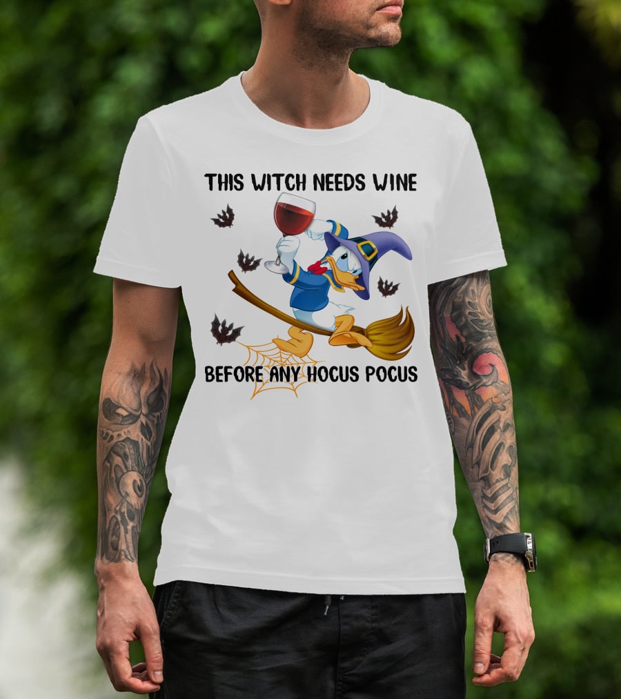 This Witch Needs Wine Before Any Hocus Pocus Duck In Witch Hat On Broomstick With Wine Glass And Bats T-Shirt
