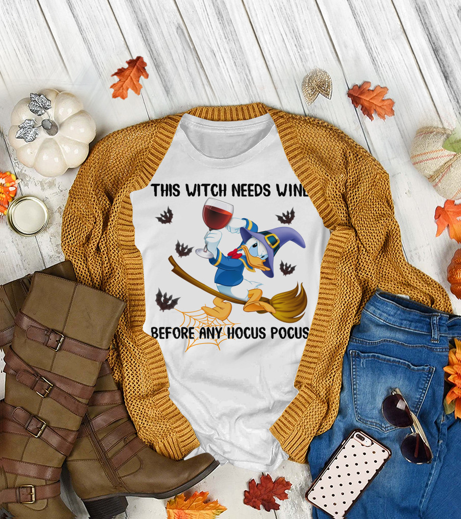 This Witch Needs Wine Before Any Hocus Pocus Duck In Witch Hat On Broomstick With Wine Glass And Bats T-Shirt