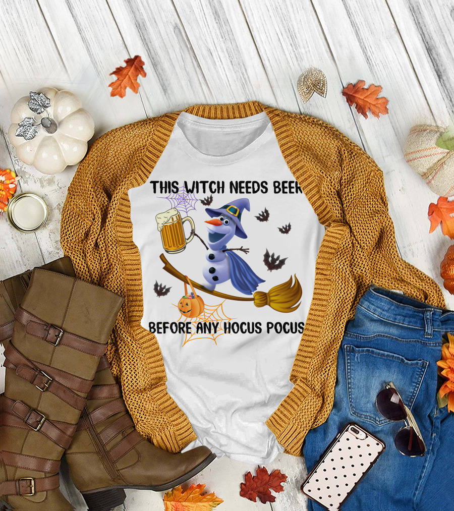 This Witch Needs Beer Before Any Hocus Pocus Olaf Broomstick Halloween Pumpkin T-Shirt