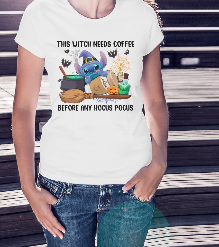 This Witch Needs Coffee Before Any Hocus Pocus Stitch Halloween T-Shirt