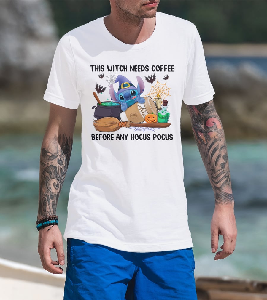 This Witch Needs Coffee Before Any Hocus Pocus Stitch Halloween T-Shirt