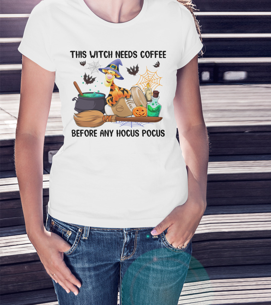This Witch Needs Coffee Before Any Hocus Pocus Tigger With Broomstick And Pumpkin Batwing Cauldron And Candle T-Shirt