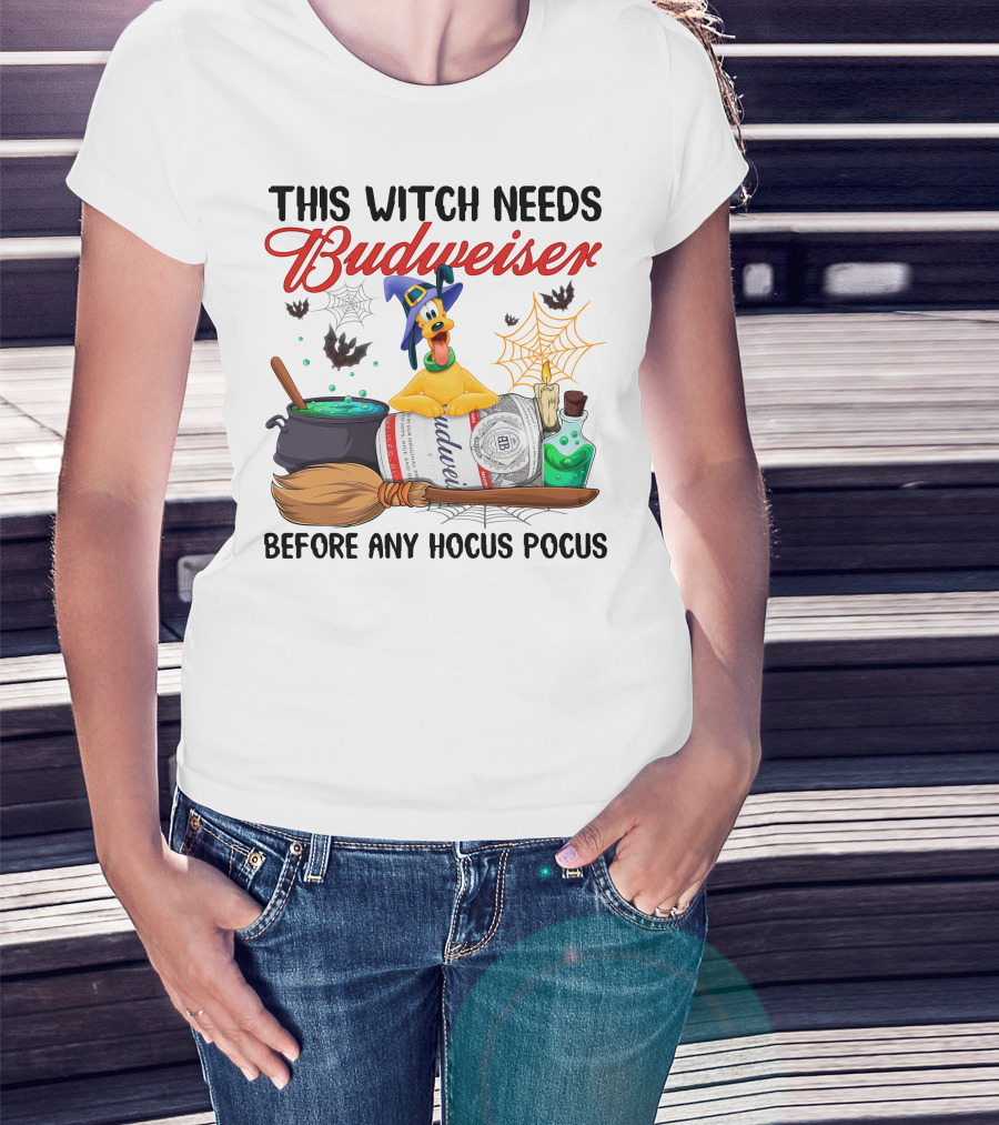 This Witch Needs Budweiser Before Any Hocus Pocus Pluto Halloween T-Shirt