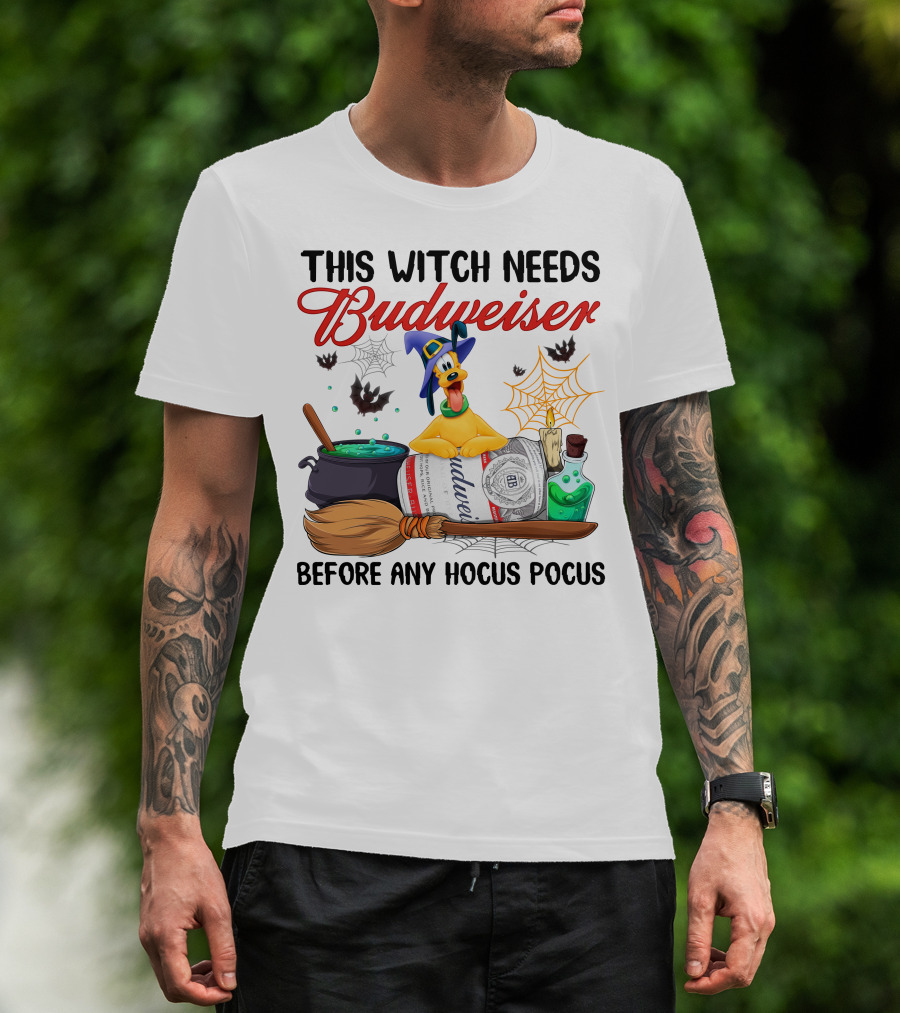 This Witch Needs Budweiser Before Any Hocus Pocus Pluto Halloween T-Shirt