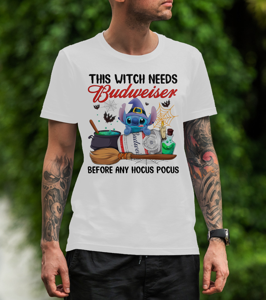 This Witch Needs Budweiser Before Any Hocus Pocus Stitch T-Shirt