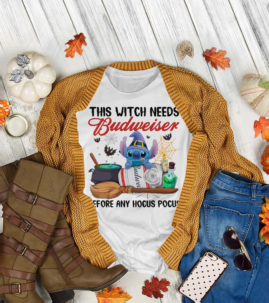 This Witch Needs Budweiser Before Any Hocus Pocus Stitch T-Shirt