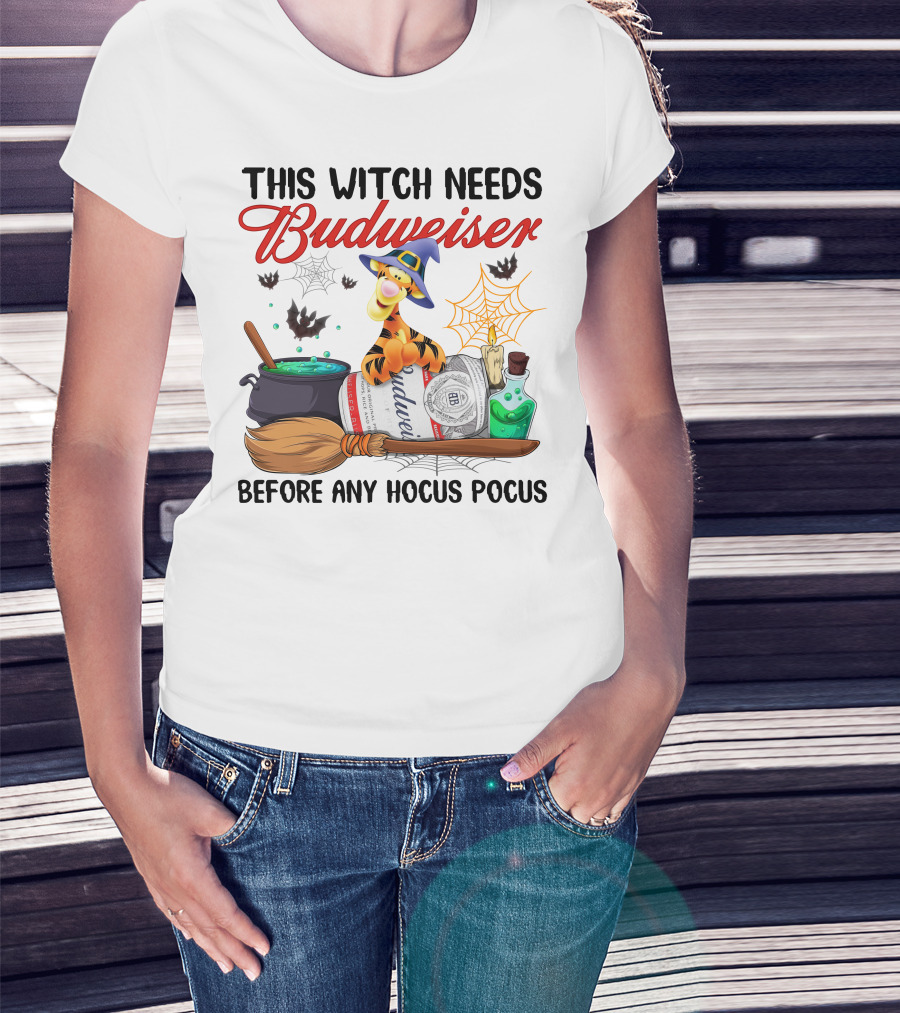 This Witch Needs Budweiser Before Any Hocus Pocus Tigger Halloween Fiesta T-Shirt