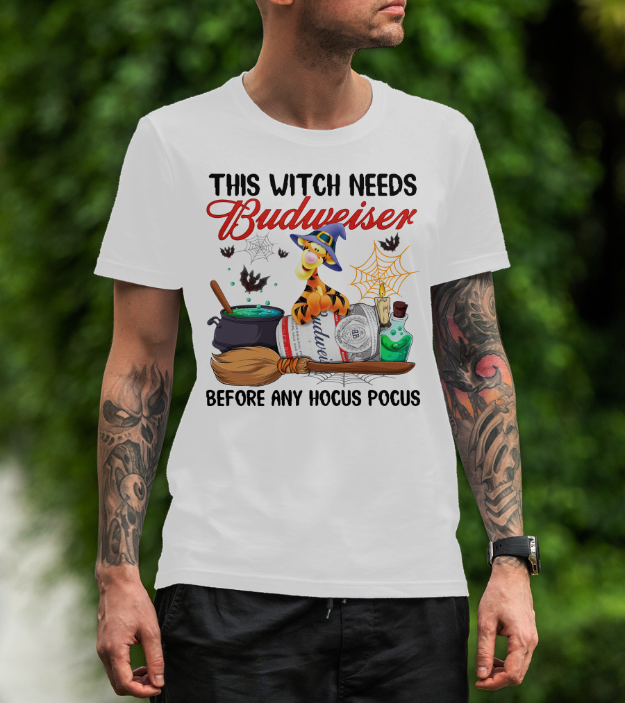 This Witch Needs Budweiser Before Any Hocus Pocus Tigger Halloween Fiesta T-Shirt