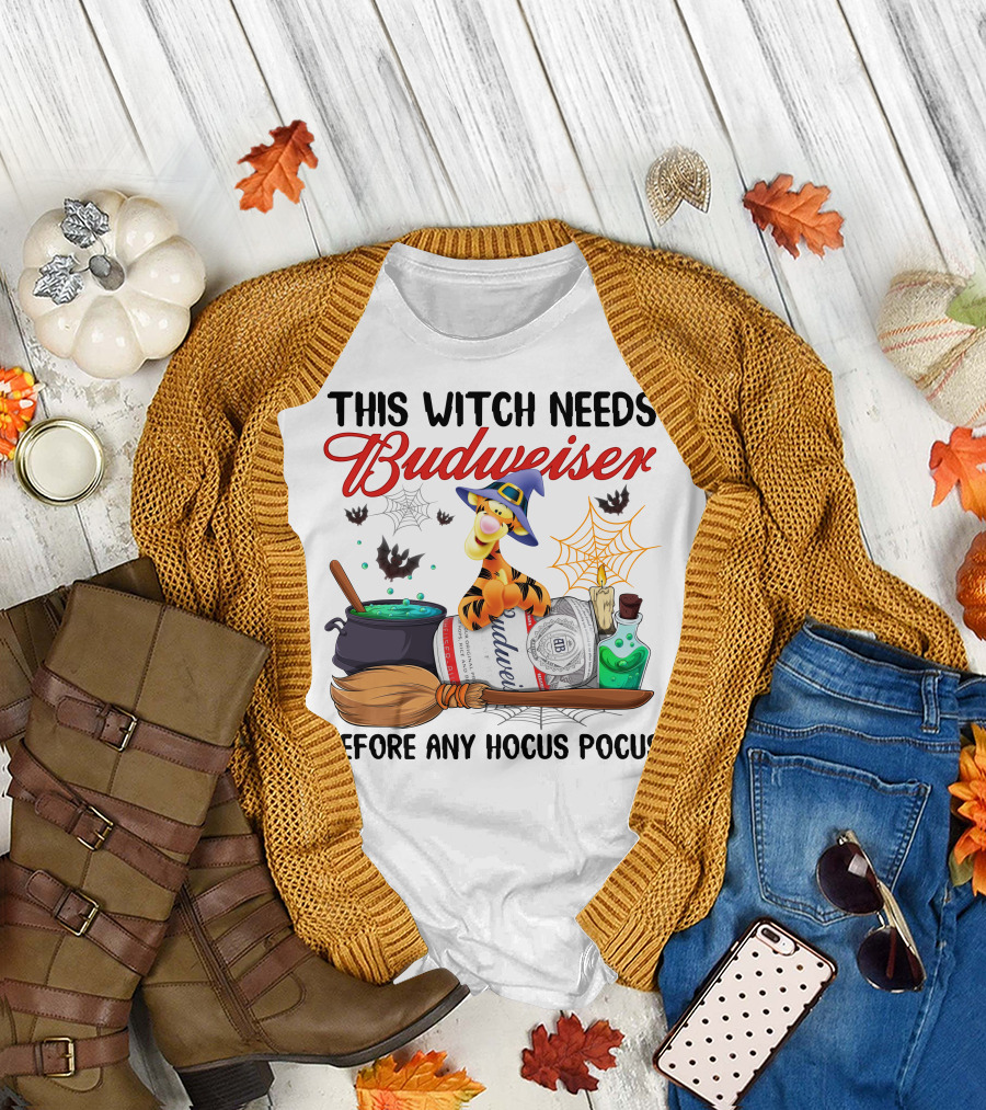 This Witch Needs Budweiser Before Any Hocus Pocus Tigger Halloween Fiesta T-Shirt