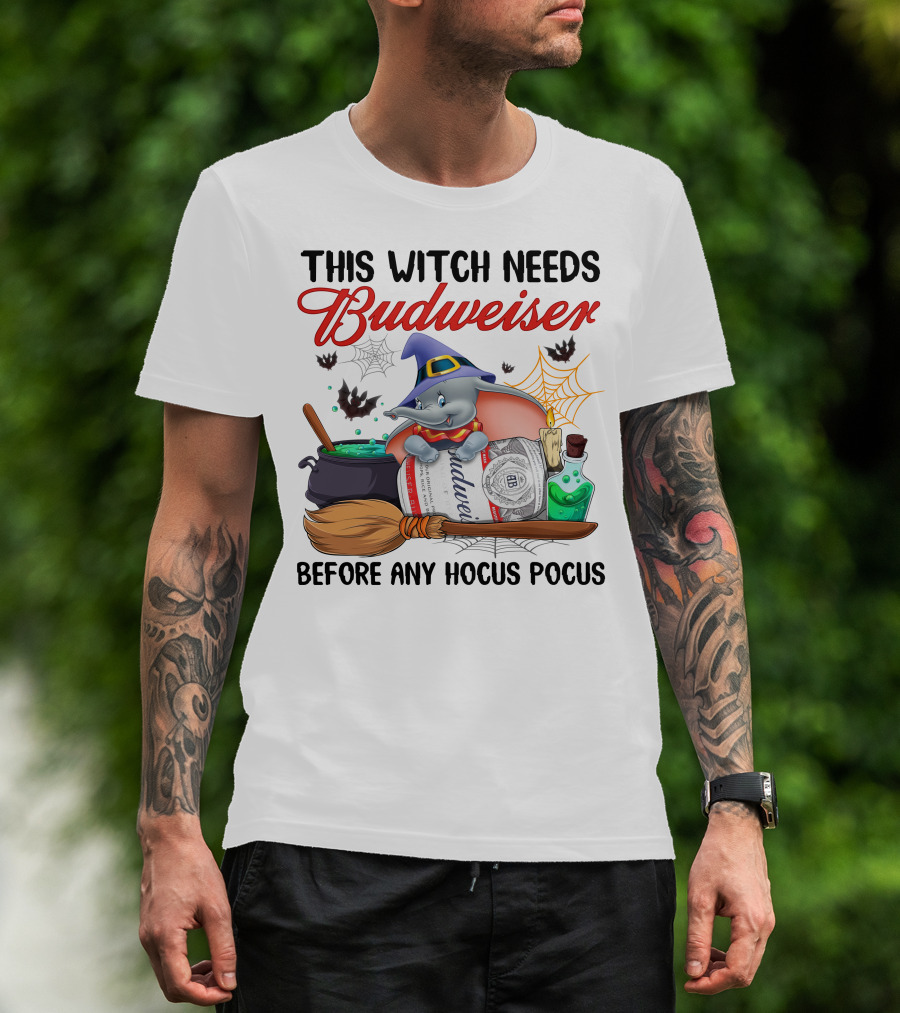 This Witch Needs Budweiser Before Any Hocus Pocus Dumbo Halloween T-Shirt