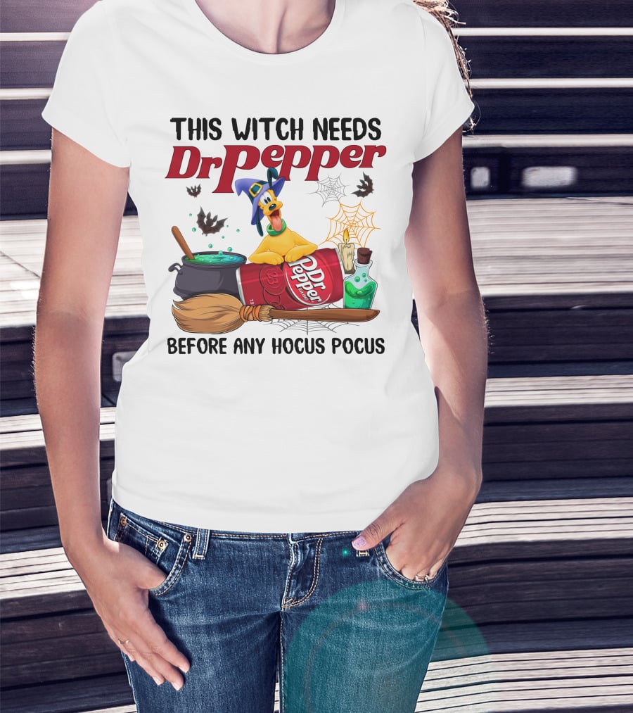 This Witch Needs Dr Pepper Before Any Hocus Pocus With Pluto Halloween Theme T-Shirt