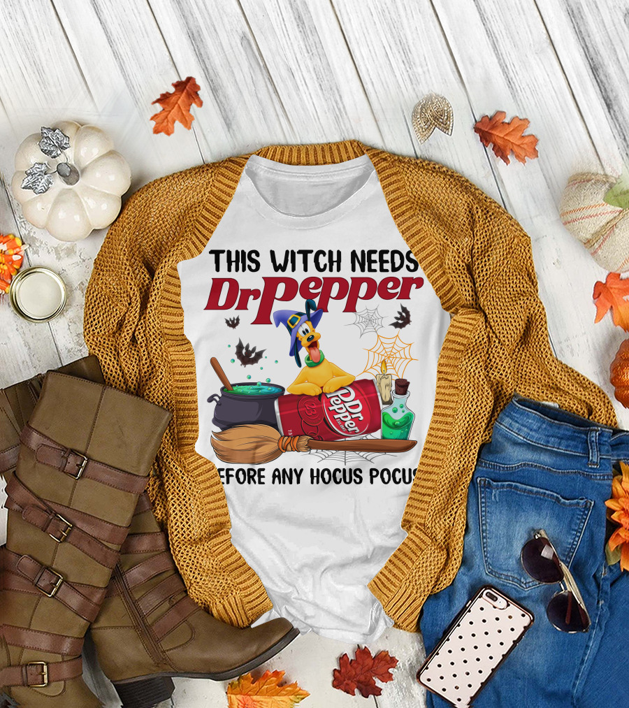 This Witch Needs Dr Pepper Before Any Hocus Pocus With Pluto Halloween Theme T-Shirt