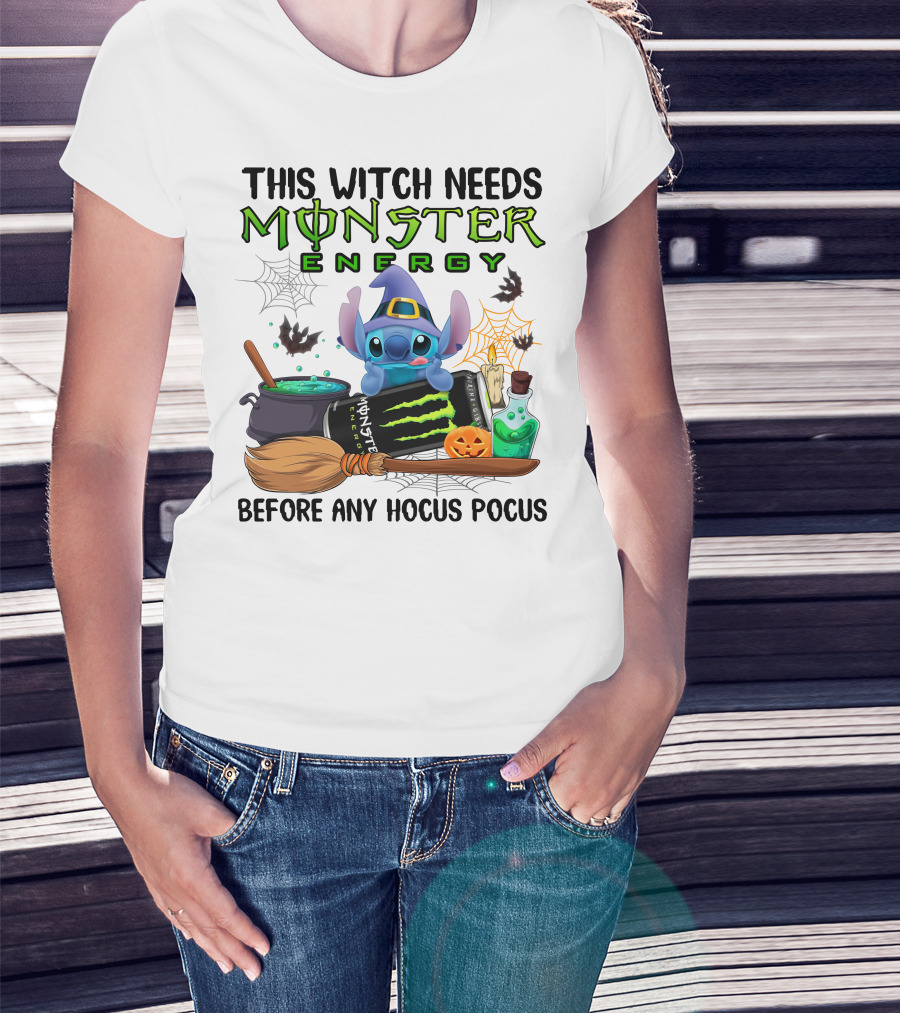 This Witch Needs Monster Energy Before Any Hocus Pocus Stitch Halloween T-Shirt