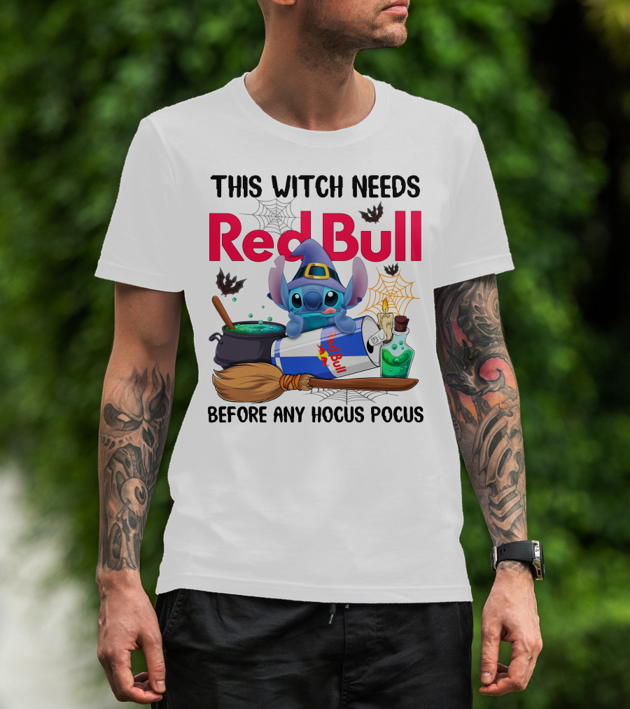 This Witch Needs Red Bull Before Any Hocus Pocus Stitch Wearing Witch Hat With Red Bull Can Cauldron And Spell Book T-Shirt