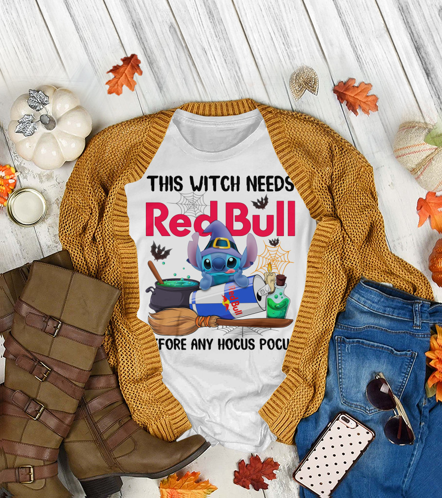 This Witch Needs Red Bull Before Any Hocus Pocus Stitch Wearing Witch Hat With Red Bull Can Cauldron And Spell Book T-Shirt