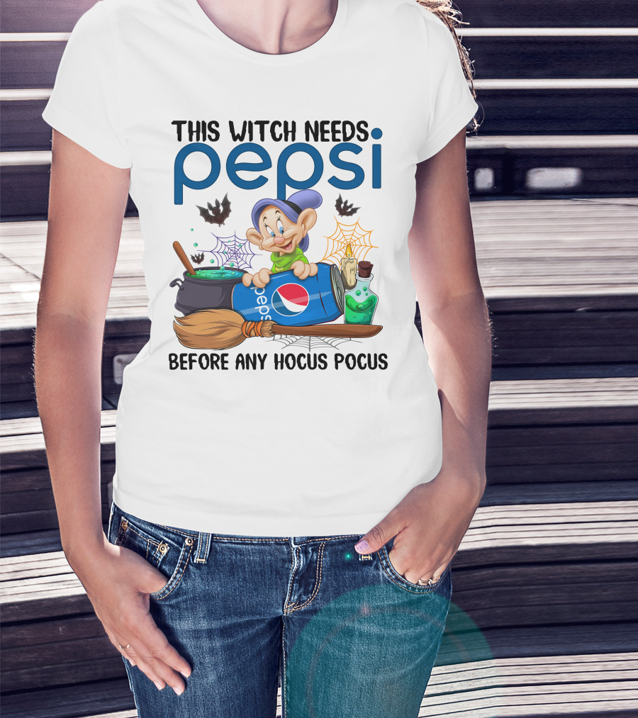 This Witch Needs Pepsi Before Any Hocus Pocus Dopey Cauldron Bats T-Shirt