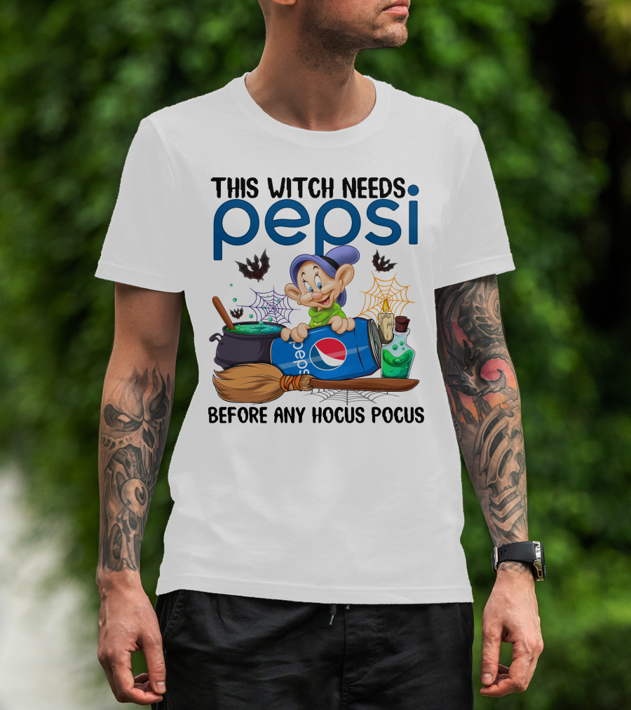 This Witch Needs Pepsi Before Any Hocus Pocus Dopey Cauldron Bats T-Shirt