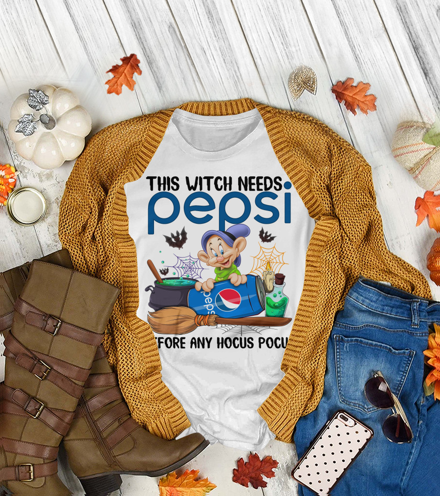 This Witch Needs Pepsi Before Any Hocus Pocus Dopey Cauldron Bats T-Shirt