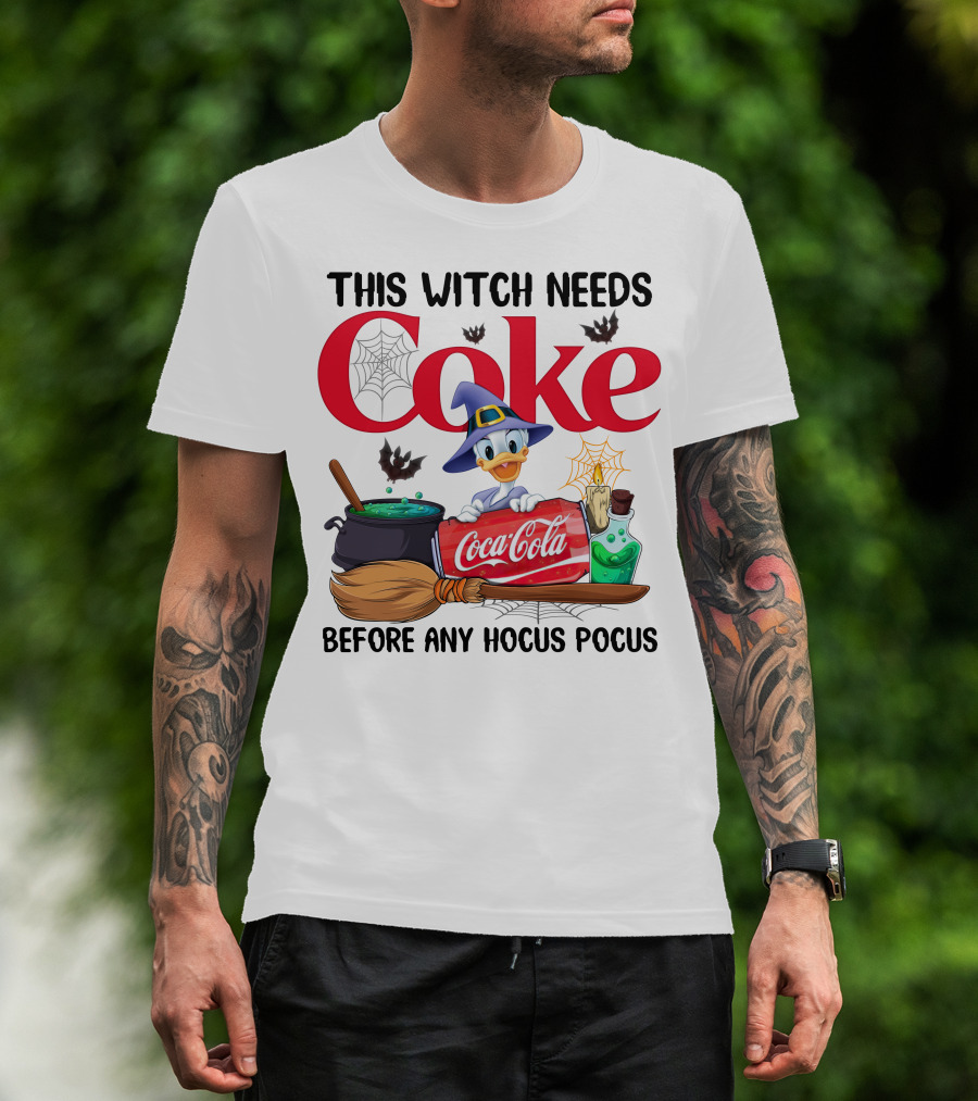 This Witch Needs Coke Before Any Hocus Pocus Coca-Cola Witch Hat Broomstick Cauldron T-Shirt