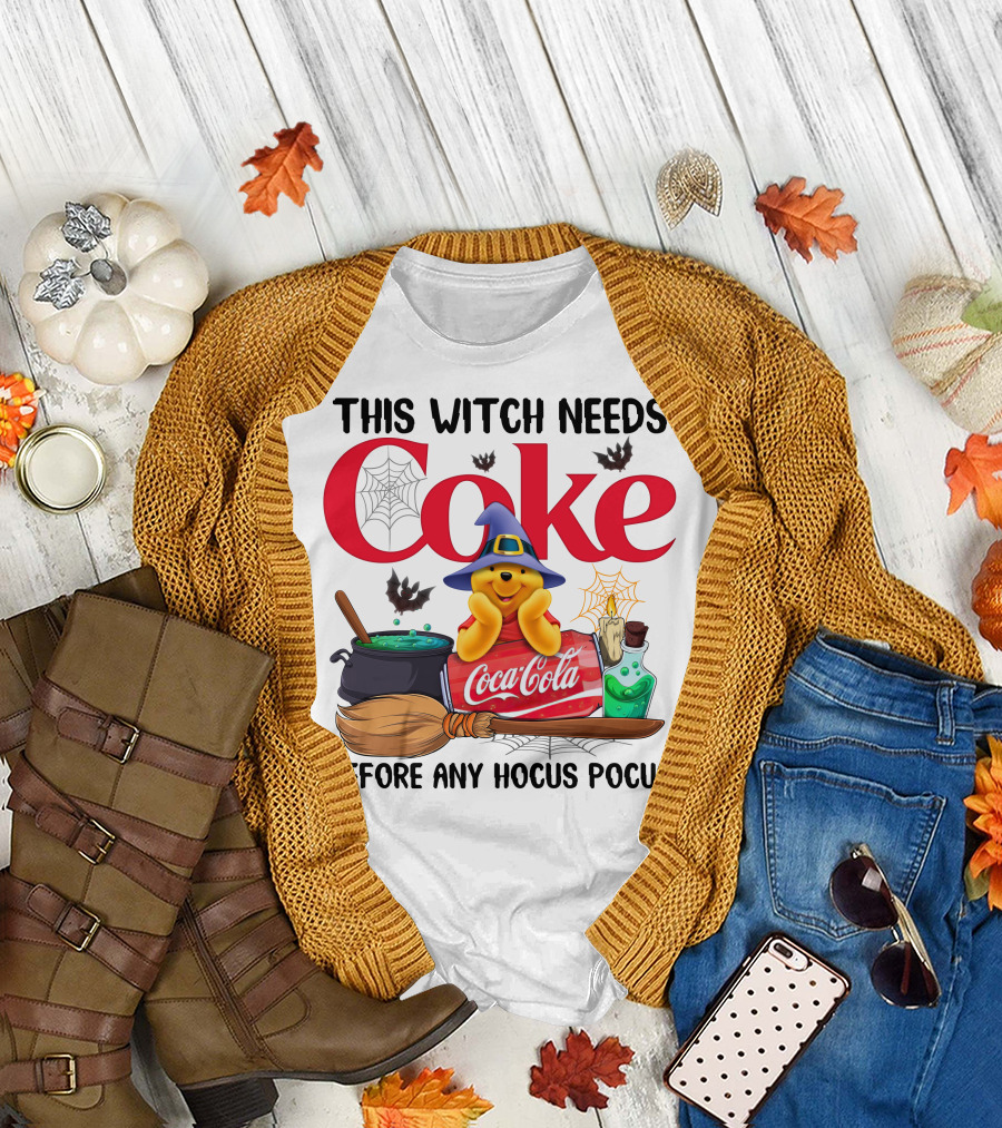 This Witch Needs Coke Coca-Cola Hocus Pocus Pooh Wizard Hat Broom Cauldron Potion T-Shirt