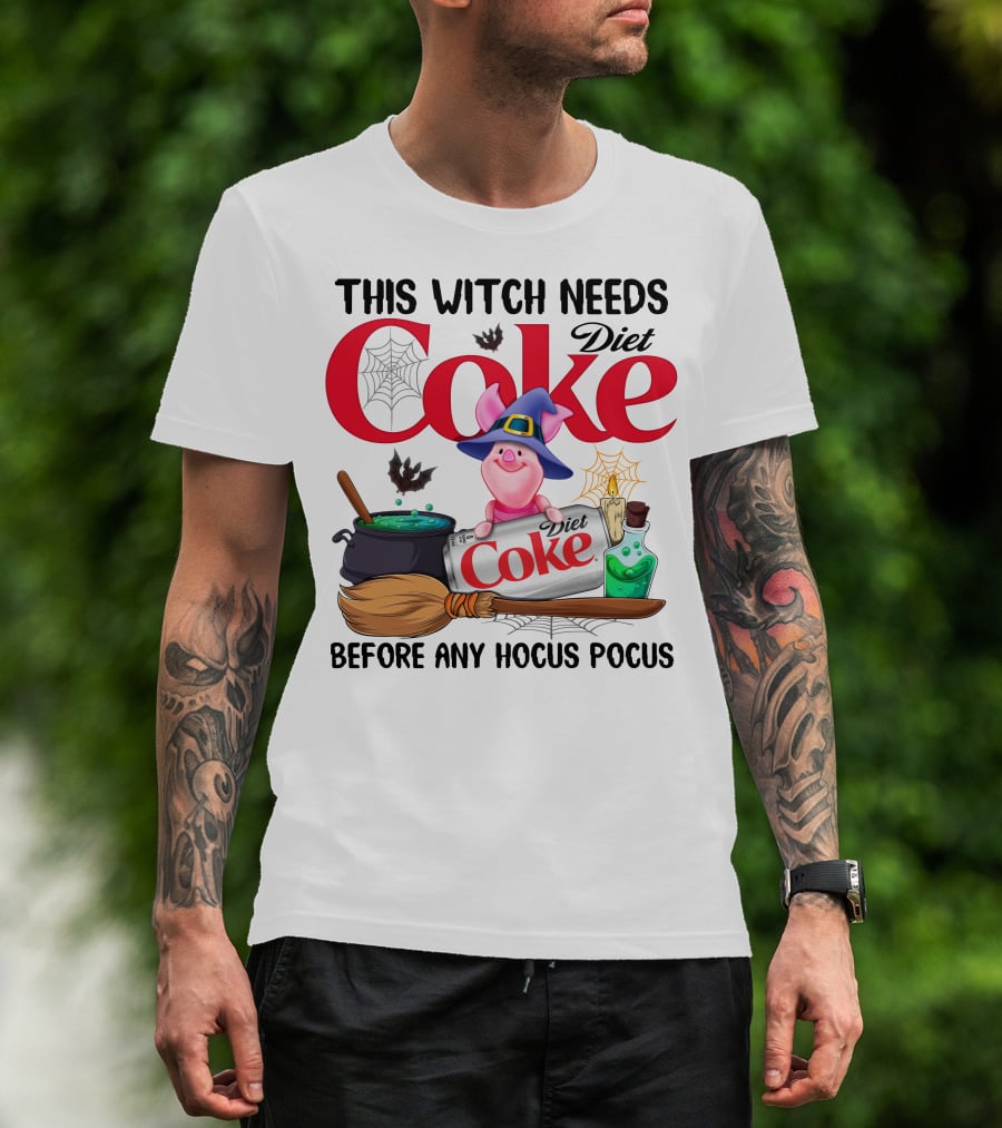 This Witch Needs Diet Coke Before Any Hocus Pocus Piglet Witch Hat Brew Broom_Spiderweb T-Shirt