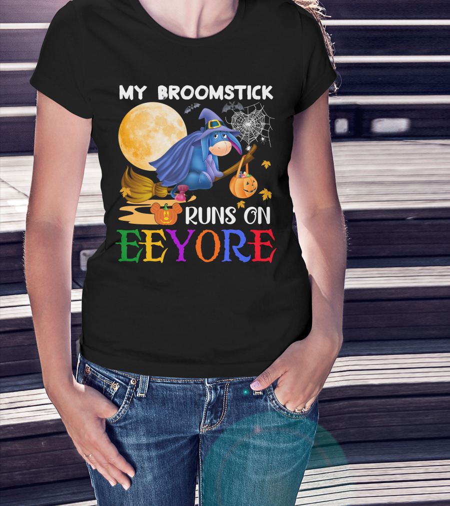 My Broomstick Runs On Eeyore Halloween Moon Bat Pumpkin T-Shirt