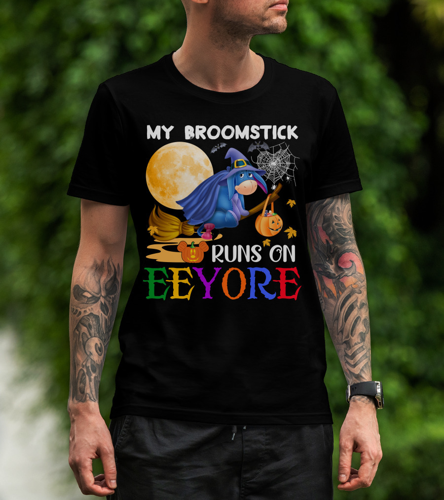 My Broomstick Runs On Eeyore Halloween Moon Bat Pumpkin T-Shirt