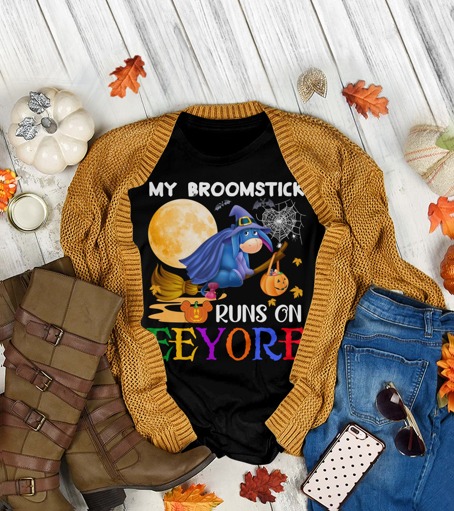 My Broomstick Runs On Eeyore Halloween Moon Bat Pumpkin T-Shirt