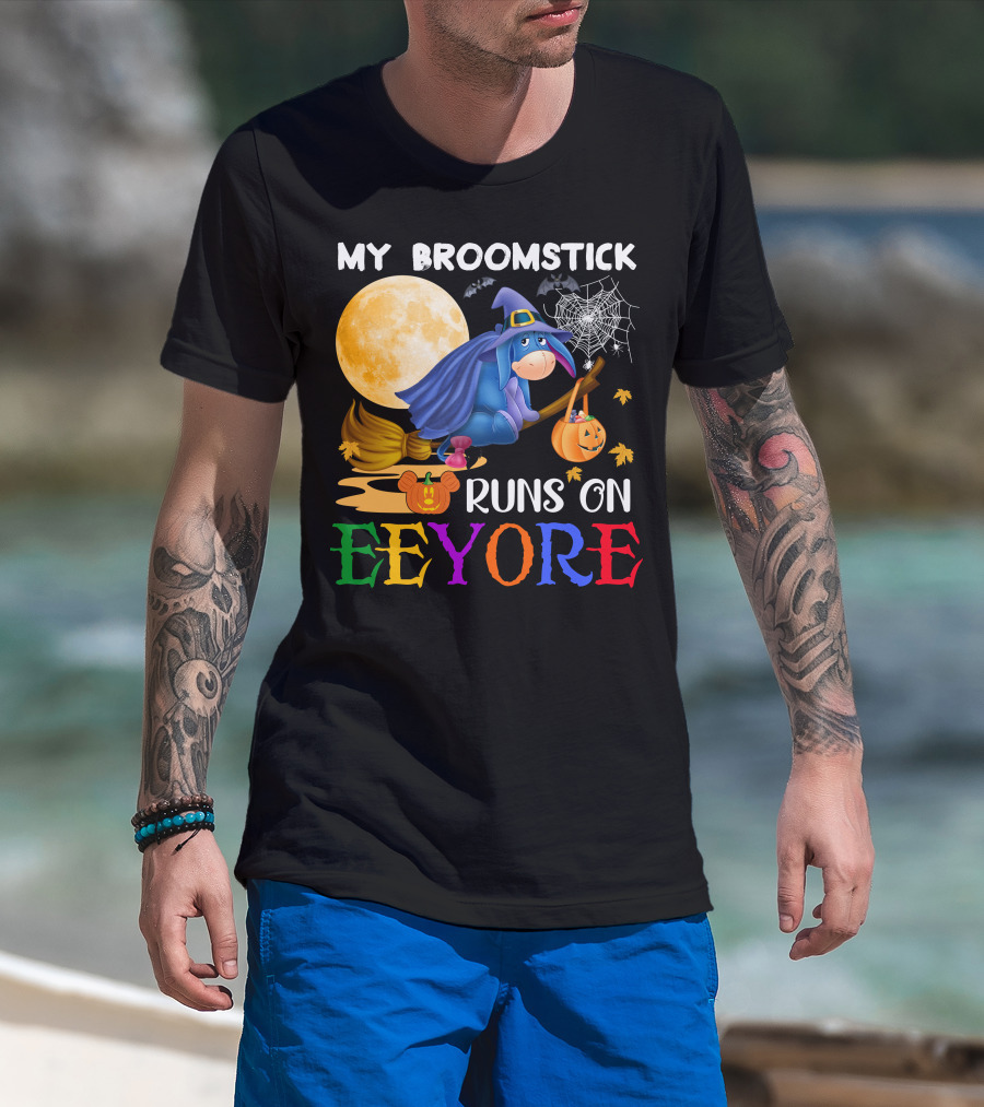 My Broomstick Runs On Eeyore Halloween Moon Bat Pumpkin T-Shirt