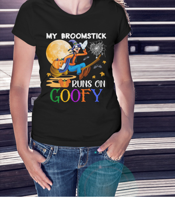 My Broomstick Runs On Goofy Halloween Moon Pumpkin Spiderweb T-Shirt