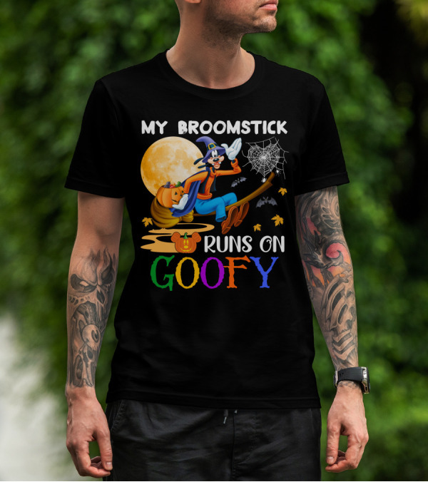 My Broomstick Runs On Goofy Halloween Moon Pumpkin Spiderweb T-Shirt