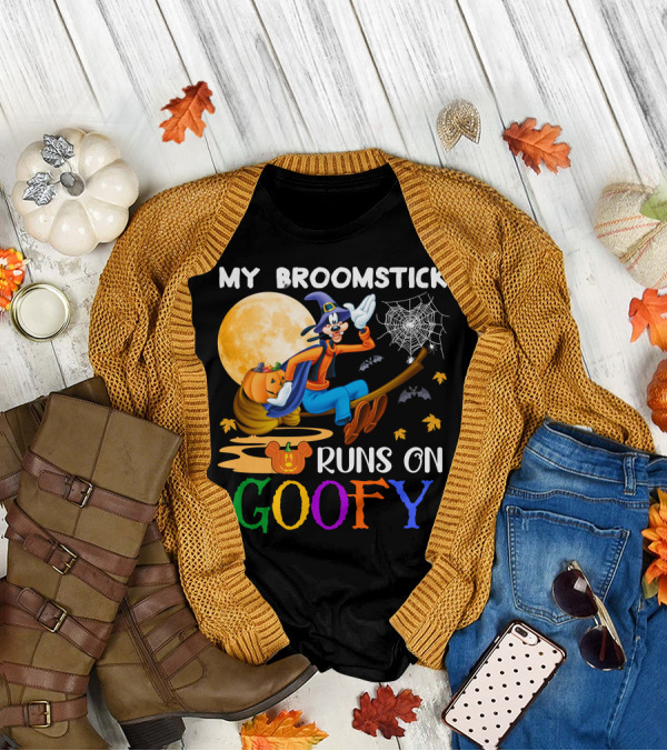 My Broomstick Runs On Goofy Halloween Moon Pumpkin Spiderweb T-Shirt