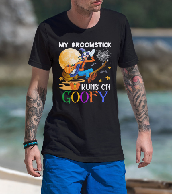 My Broomstick Runs On Goofy Halloween Moon Pumpkin Spiderweb T-Shirt