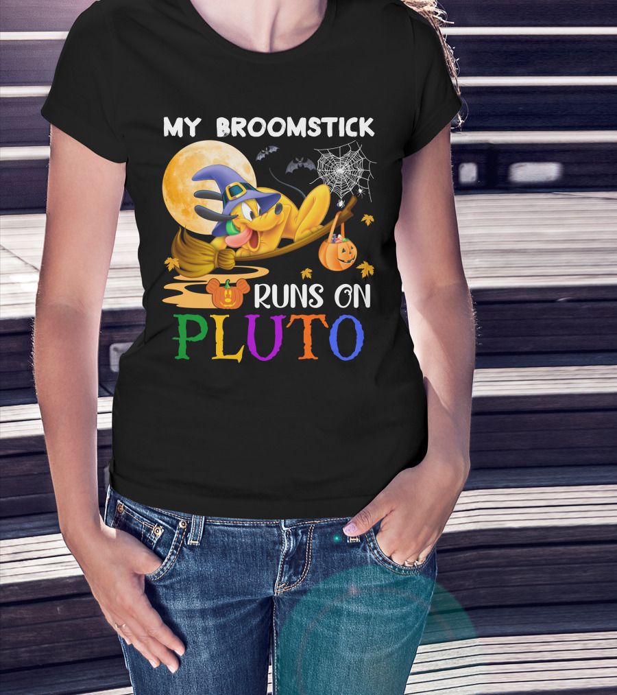 My Broomstick Runs On Pluto Halloween Moon Bats Spider Web Pumpkin T-Shirt