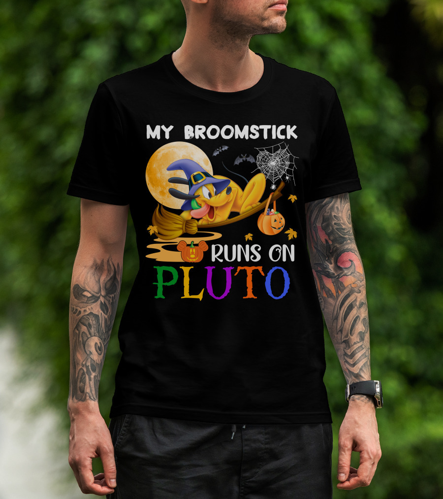 My Broomstick Runs On Pluto Halloween Moon Bats Spider Web Pumpkin T-Shirt