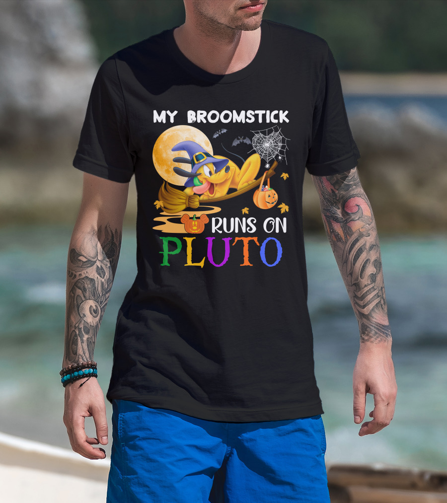My Broomstick Runs On Pluto Halloween Moon Bats Spider Web Pumpkin T-Shirt